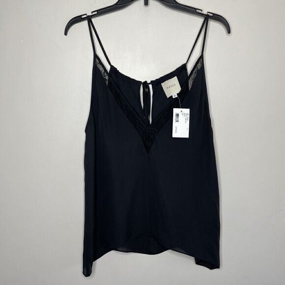 MASON Silk Cami Womens 4 Black Sleeveless Tank NEW Lace Trim Rear Tie Deep-V